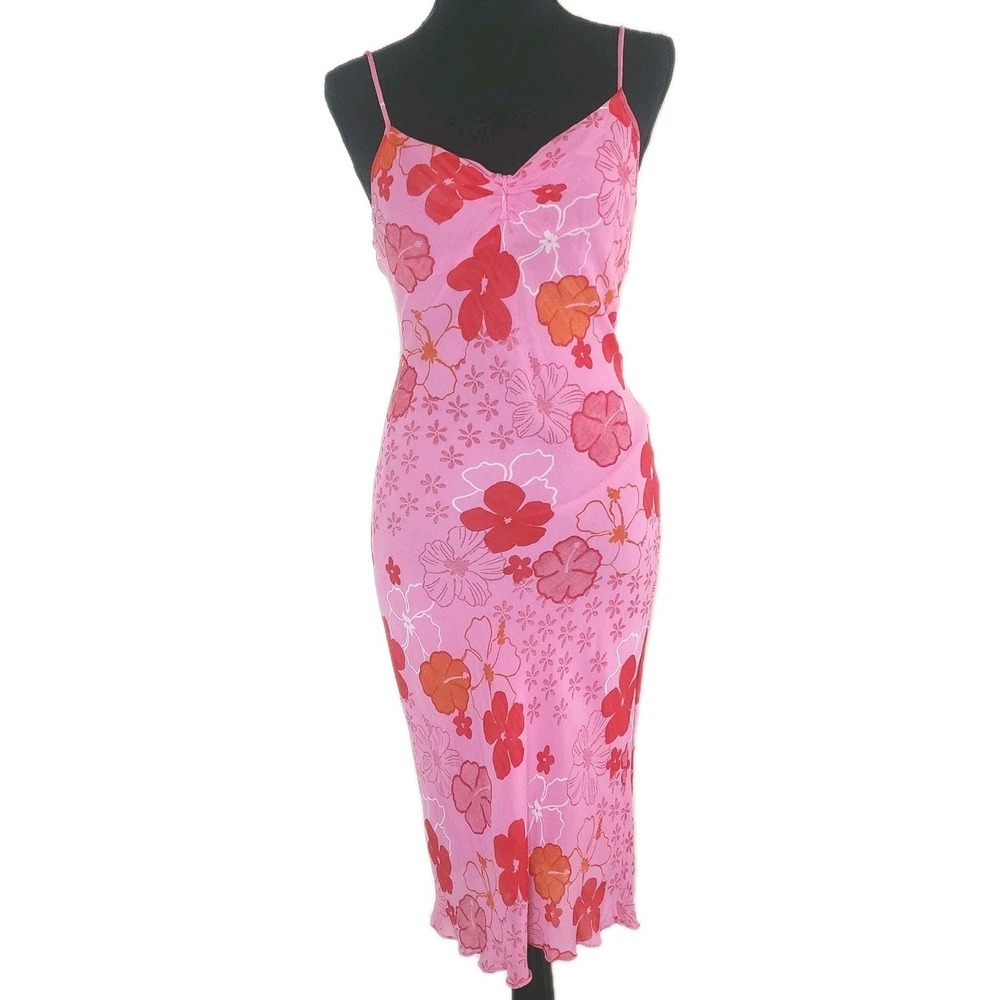 Angie Dress M Pink Red Orange Floral Hibiscus‎ Hawaiian Y2K Slip Midi 100% Rayon